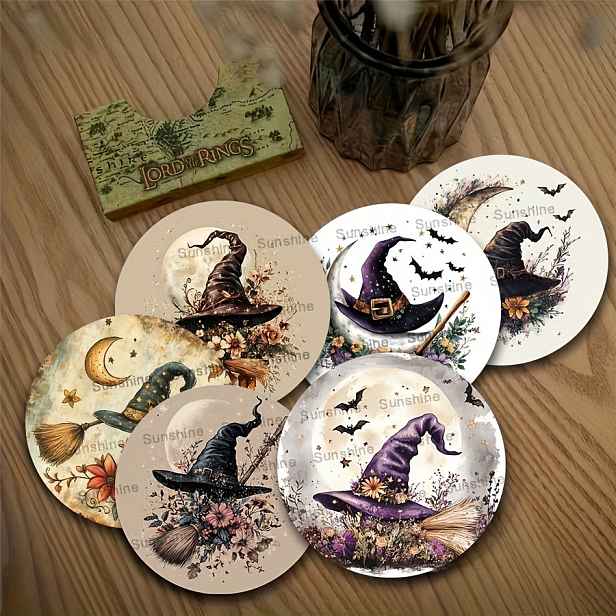 TEMU 6 kusů dřevěných podložek s čarodějnice a keřů na Halloween, odolných proti teplu, vhodné pro vodní poháry, kavárny, kanceláře, kuchyně,