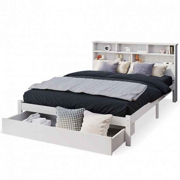 CHICFURN POSTEL 140/200 cm v bílé barvě se zásuvkami a policovým čelem