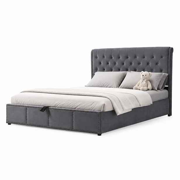 CHICFURN ČALOUNĚNÁ POSTEL 160/200 cm v šedé barvě se sametovým potahem a úložným prostorem