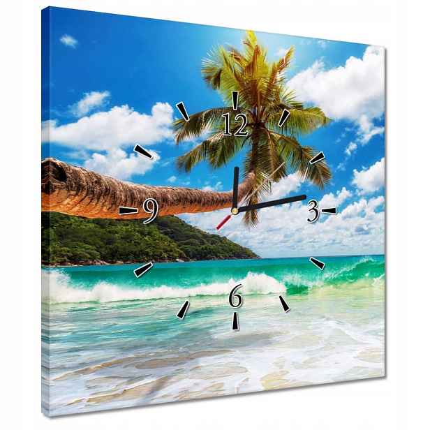 Nástěnné hodiny 40x40 Rajská pláž s palmou