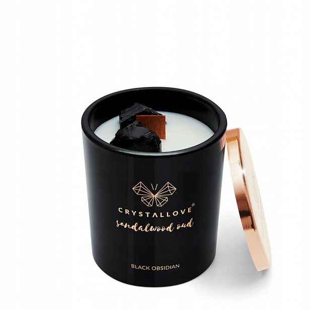 Crystallove Sójová svíčka s černým obsidiánem santalové dřevo oud 400 g