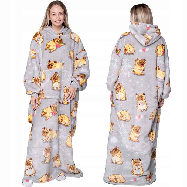 Koc oversize mikina Teplá Tlustá Mikinová Deka 2v1 XXL Mopsy Dárek s kapucí