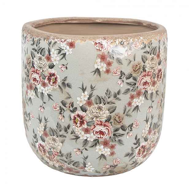 Zelený keramický dekorační květináč s květy Floria XL - Ø 19*18 cm  Clayre & Eef