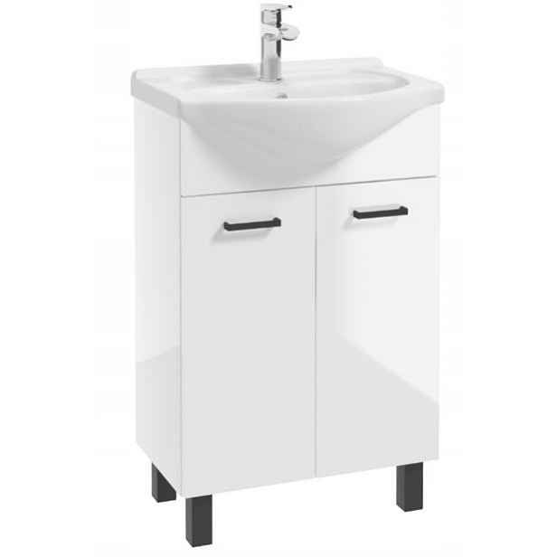 Koupelnová skříňka s umyvadlem 85x55 stojící na černých nožkách, bílý lesk