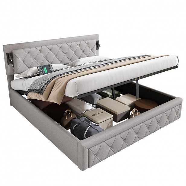 CHICFURN ČALOUNĚNÁ POSTEL 180/200 cm v šedé barvě s úložným prostorem, osvětlením a USB