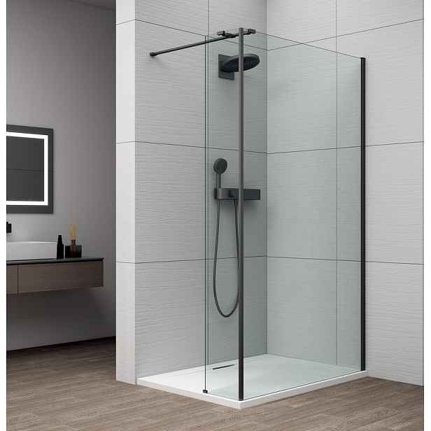 Polysan ESCA BLACK MATT sprchová zástěna s instalací ke stěně 700mm a přídavným panelem 385mm, čiré sklo