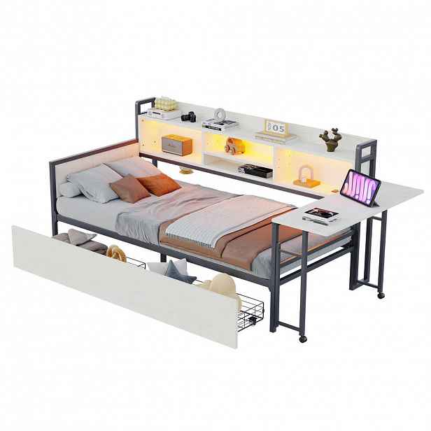 CHICFURN KOVOVÁ POSTEL 90/200 cm v bílé barvě se 2 zásuvkami, LED osvětlením a výsuvným stolem