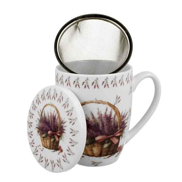 hrnek 380ml LEVANDULE v košíku+víčko+sítko NR, porcelán, DB