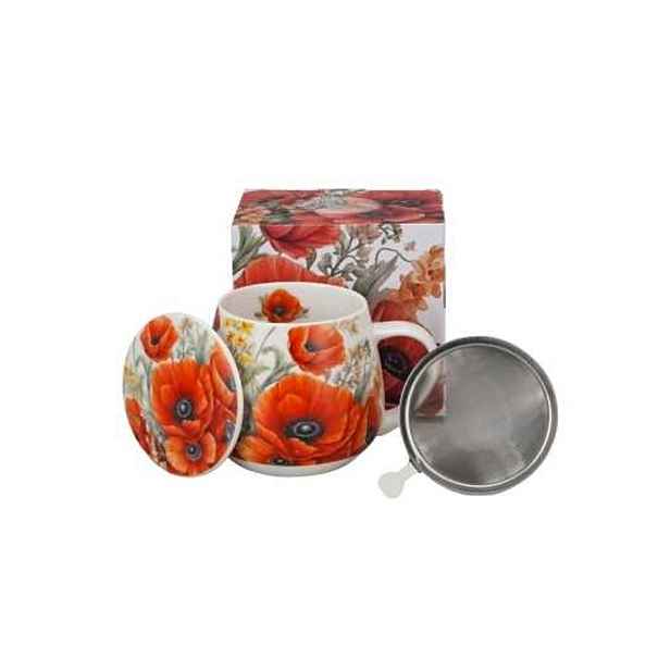 hrnek 430ml baňatý VLČÍ MÁKY+víčko+sítko NR, porcelán, DB