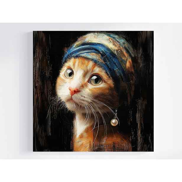 Obraz Na Plátně Canvas Kočka Dívka S Perlou Vermeer Style Parodia 50x50