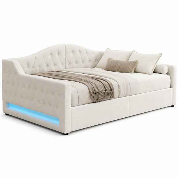 CHICFURN ČALOUNĚNÁ POSTEL 140/200 cm v béžové barvě s úložným prostorem a LED osvětlením