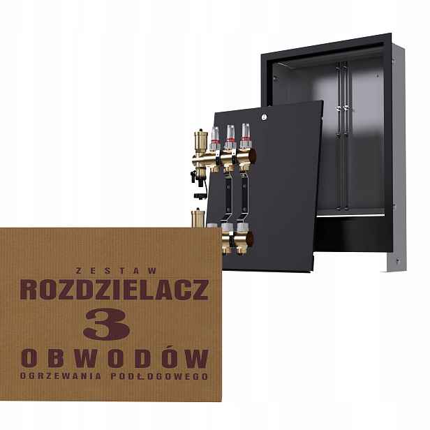 Rozdělovač pro 3-okruhovou mosaznou podlahu a podomítkový box, černý
