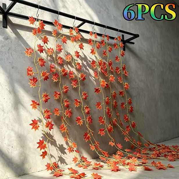 TEMU 6 ks, Celková délka přibližně 1380 cm / 543,30 palců, Umělý javorový červeno-oranžovo-žlutý gradient, Pletivová podzimní závěsná javorová