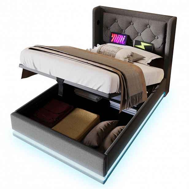 WISHDOR ČALOUNĚNÁ POSTEL 90/200 cm v šedé barvě s úložným prostorem, LED osvětlením, USB a Type-C