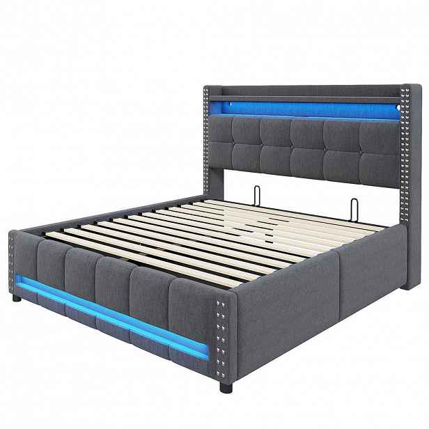 Redom ČALOUNĚNÁ postel 140/200 cm s LED osvětlením, USB portem, policemi v čele a hydraulickým úložným prostorem, Šedá