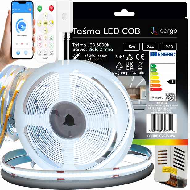 Set Led Páska Cob 5m 24V 360d Bílá Studená 6000K Digitální Dálkový Ovladač Aplikace