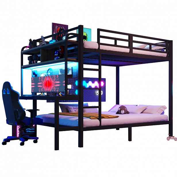 CHICFURN PATROVÁ POSTEL 140/200 cm v černé barvě se stolem, LED osvětlením a USB