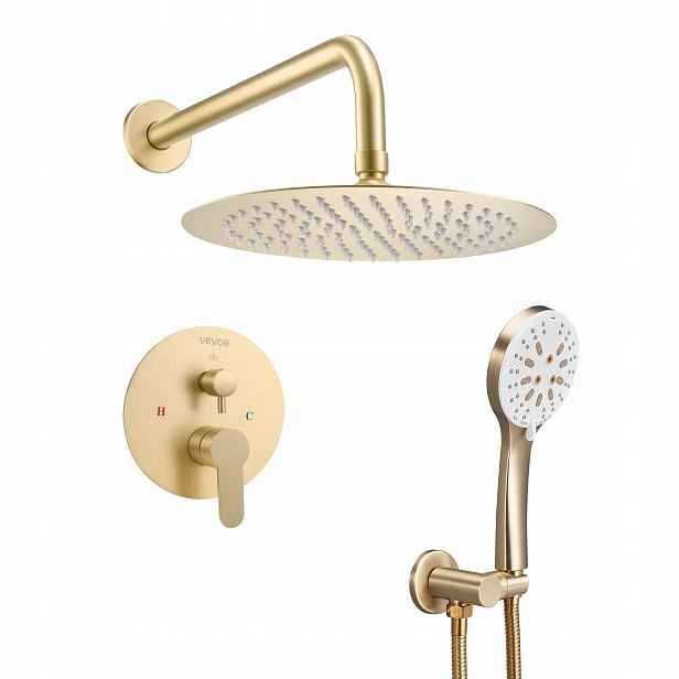 Sprchový set s dešťovou sprchou 25 cm, mosazná rukojeť, zlatá, montáž na stěnu