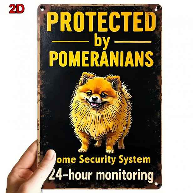 TEMU 2D Plochý, 1 ks Zesílený Retro Bezpečnostní Znak Pomeranian Vhodný pro Vnitřní/Venkovní Použití, Vintage Dekorace na Zeď s Pomeranianem s