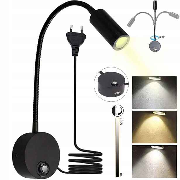 Led Nástěnná Lampa 3W 3000K-6000K Nástěnné Svítidlo Na Čtení S Vypínačem Usb