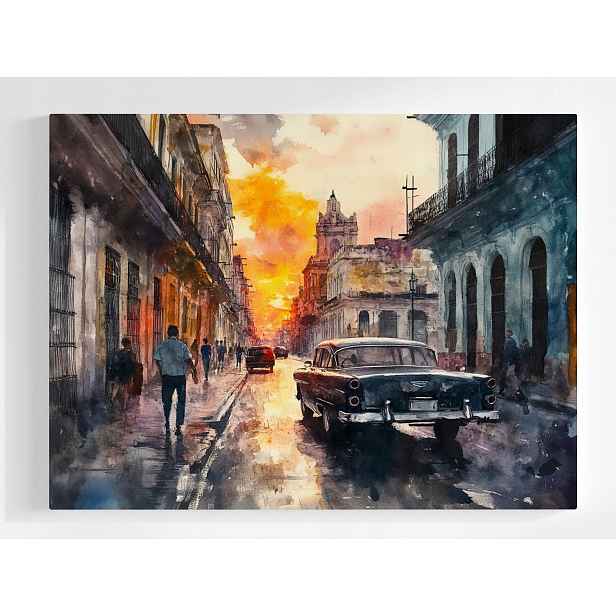 Plakát Havana Kuba Západ Slunce Auto Akvarel 100x75
