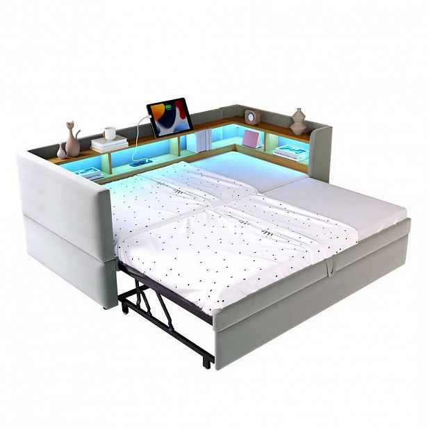 Redom POSTEL 90/180x190 cm s LED osvětlením, zásuvkami a úložnými přihrádkami, Světle šedá