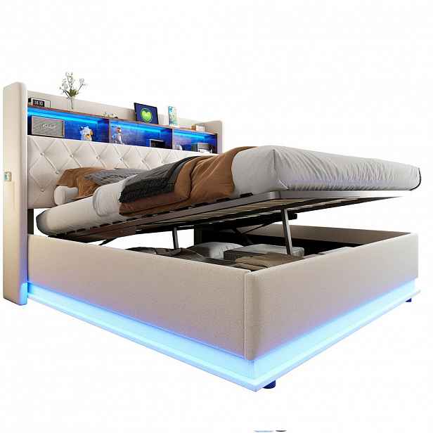 Redom ČALOUNĚNÁ postel 180/200 cm s LED osvětlením, USB portem a hydraulickým úložným prostorem, Béžová