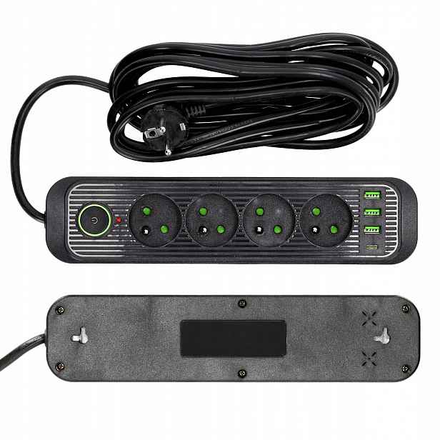 Lišta Prodlužovací Kabel 4 zásuvky 5 m Uzemnění 3xUSB-A 1xUSB-C Vypínač