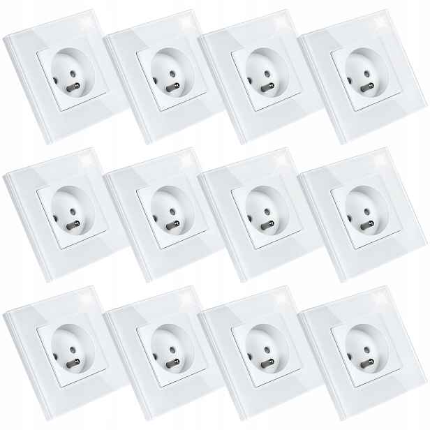 12 x Jednotlivá Zásuvka Elektrická Bílá Skleněná S Uzemněním