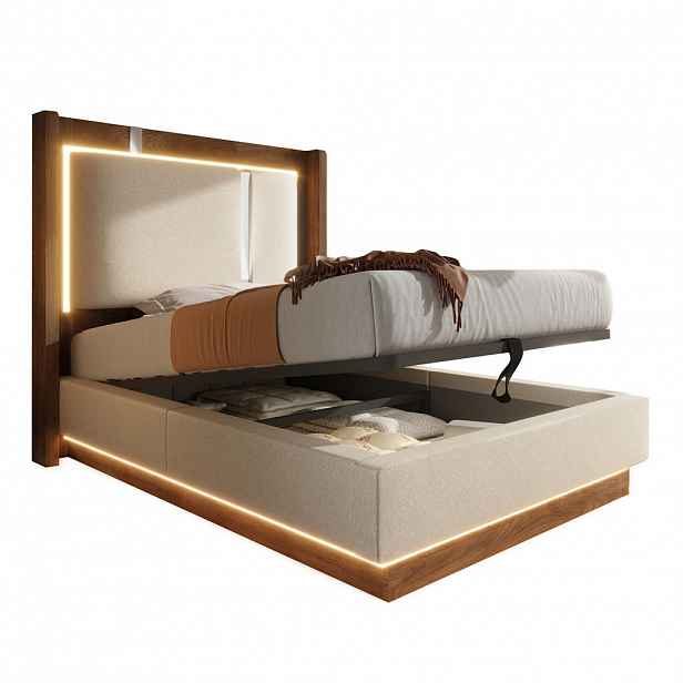 CHICFURN ČALOUNĚNÁ POSTEL 90/200 cm v béžové a ořechové barvě s úložným prostorem a LED
