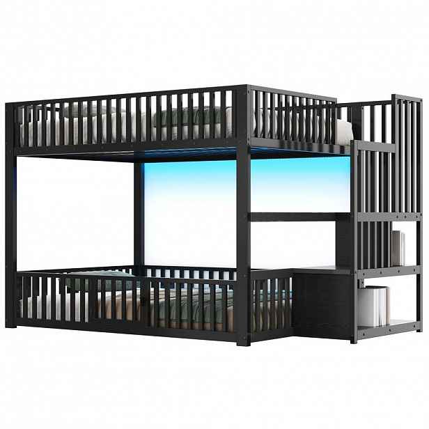OKWISH PATROVÁ postel 140/200 cm černá z MDF a kovu s LED osvětlením a úložným žebříkem