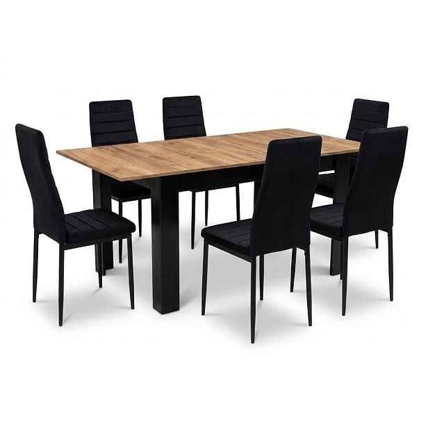 Rozkládací jídelní stůl Craft 120/160x80 cm 6 černých sametových židlí Axell
