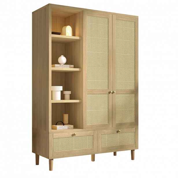 OKWISH ŠATNÍ skříň 180/120/50 cm dubová z MDF, masivu a kovu s ratanem, policemi, tyčí a šuplíky