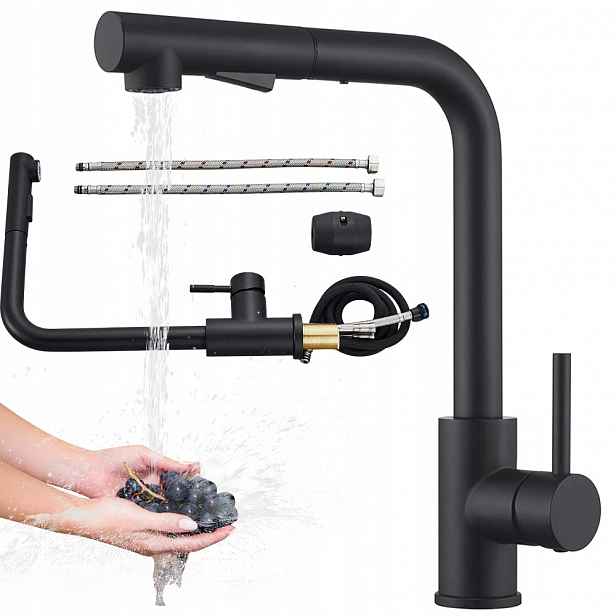 Kuchyňská Baterie Černá S Hadicí 40 CM Keramický Ventil 2 Režimy Provozu