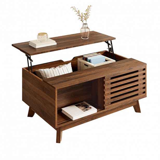 OKWISH KONFERENČNÍ stolek 90/55/57,5 cm ořechový z MDF s výsuvnou deskou a posuvnými lamelami