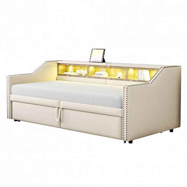 CHICFURN ROZKLÁDACÍ POHOVKA 90/200 & 180/200 cm v béžové barvě s LED a USB