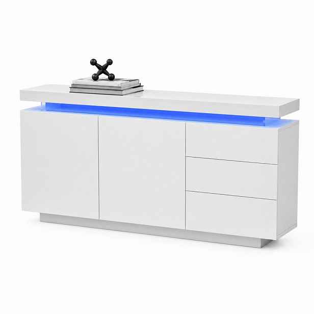 STILVORA KUCHYŇSKÁ skříň Bílá se 2 dvířky, 3 zásuvkami a LED osvětlením do obývacího pokoje, 140×35×72,5 cm