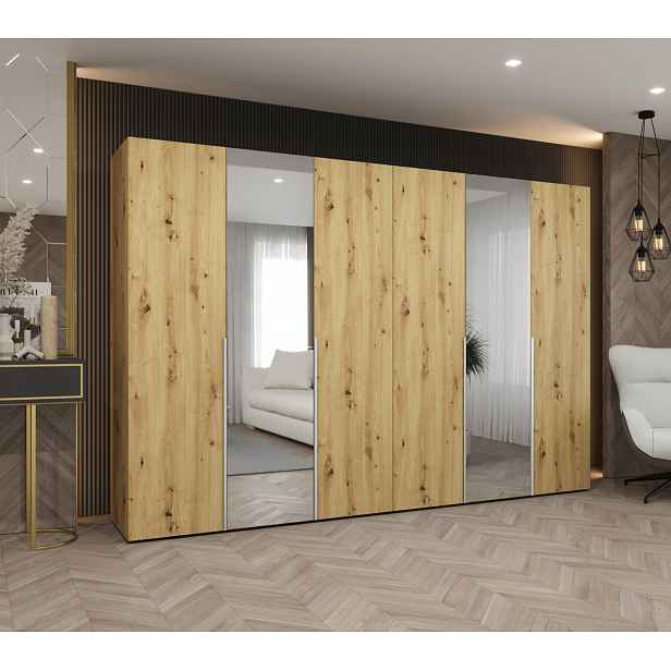 Šatní skříň 300 cm ASUDA se zrcadly - dub artisan / kašmír
