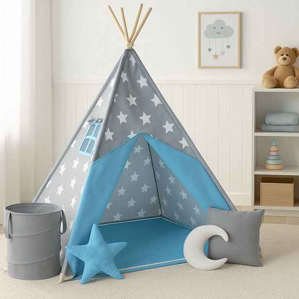 Infantastic 74132 Dětský stan teepee, modro/šedý, s příslušenstvím