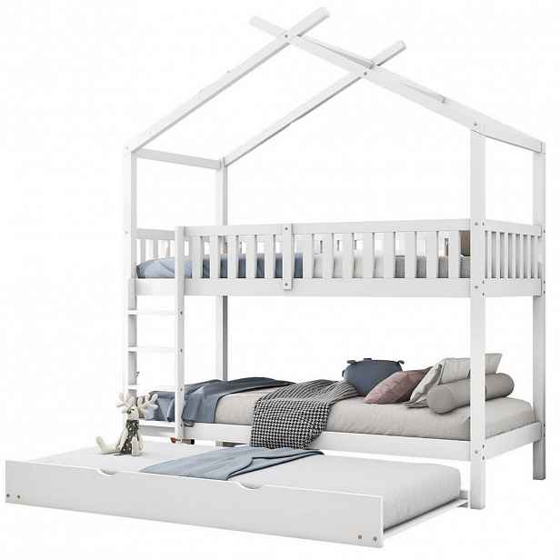 OKWISH PATROVÁ postel 90x200 cm bílá z borovice s výsuvným lůžkem a zábranami