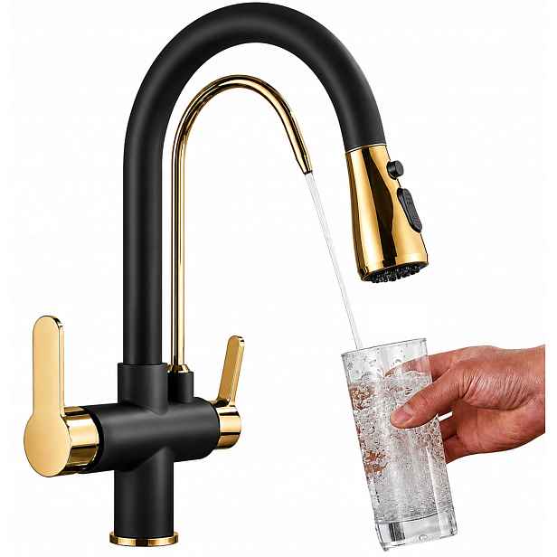 Kuchyňská baterie 3v1 Třícestná Filtr vody Vytahovací Sprcha Černá Zlatá