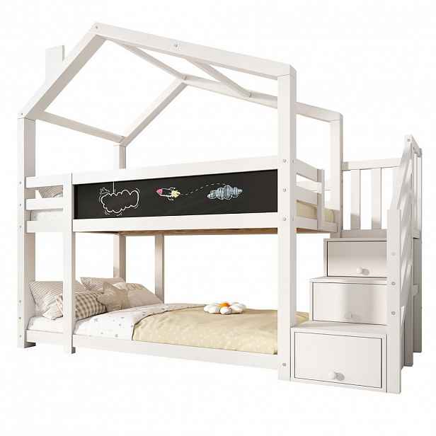 STILVORA PALANDA 90/200 cm & 90/200 cm, bílá, design domku na stromě, se schody, tabulí a zábranou