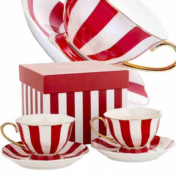 Sada porcelánových šálků 220 ml 2ks bílo-červené, zlaté