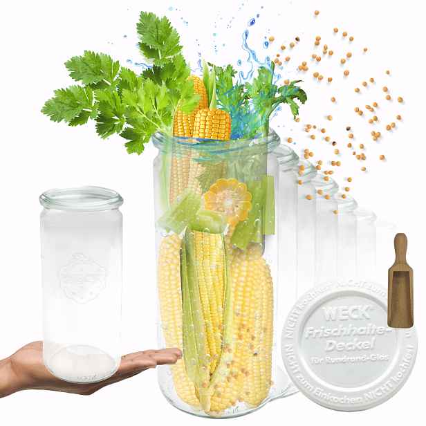 Sklenice Weck 1 l Cylinder mouka těstoviny plastové víko Odměrka 6 Ks 1040 ml