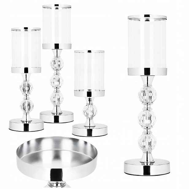 3ks Svícen Glamour Stříbrný Skleněný Set Kovový Glamour 41cm