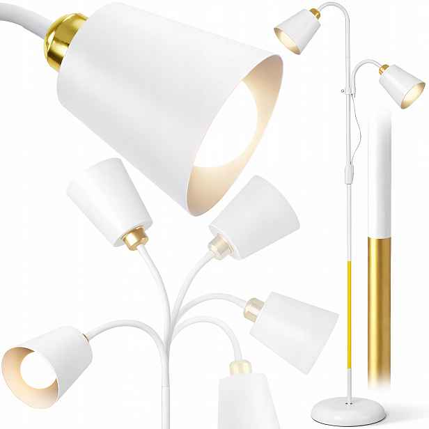 Stojací lampa Podlahová Bílá Nastavitelná Zlatá 190 cm 2 Lampy E27 Led Stínidla