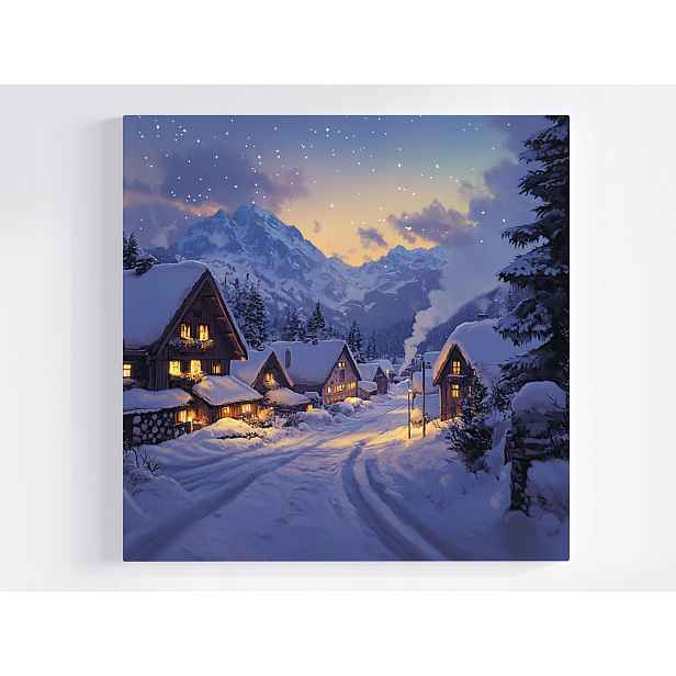 Obraz Na Plátně Canvas Krajina Noc Večer Hory Alpy Sníh Zima Domy 50x50