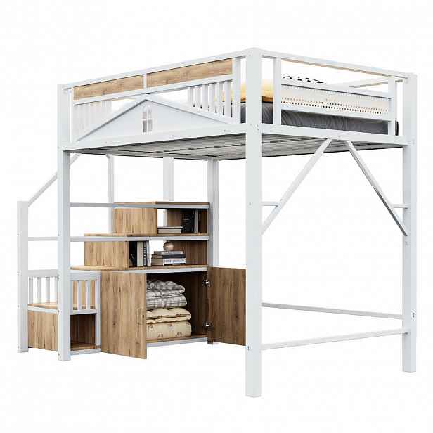 CHICFURN VYVÝŠENÁ POSTEL 140/200 cm v bílé barvě s úložnými schody