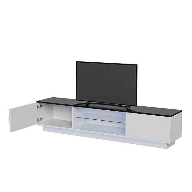 EuroLiving TV stolek 140 cm, lesklá bílá, LED, lakované dvířka, skleněné police, moderní