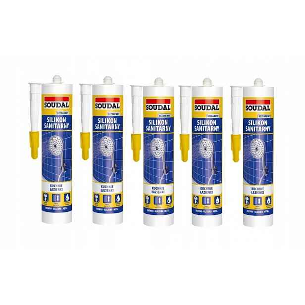 5 kusů – Sanitární silikon Soudal 280 ml bezbarvý pro kuchyňskou koupelnu